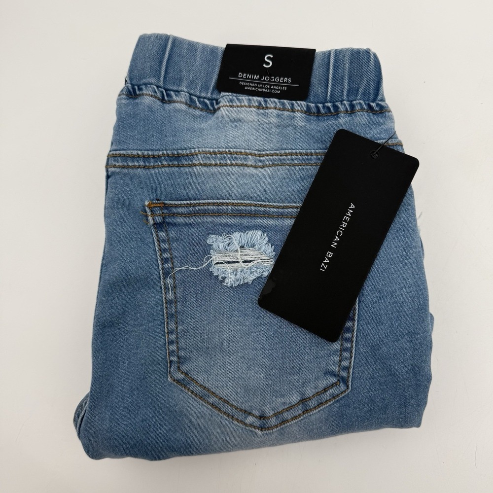 American Bazi Women's Size Small Distressed Frayed Hem Denim Joggers RJJ2819 NEW